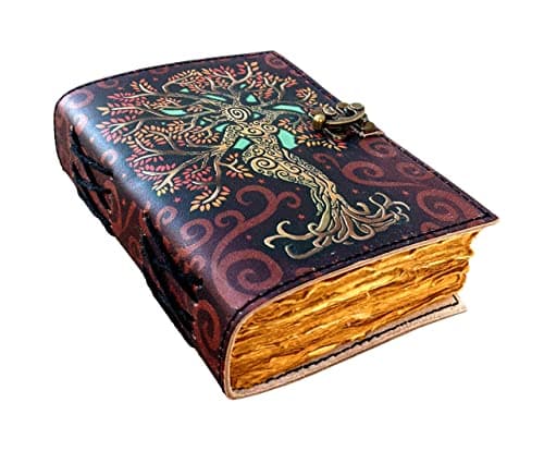 Image of Al Hazza Handicrafts Blank Spell Book Of Shadows - Journal With Lock Clasp - Witchcraft Supplies - Vintage Handmade Leather Diary - Embossed Prayer Pagan - Wiccan Notebook Daily (5 x 1.2 x 7, Red)