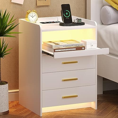 Image of FREDEES White Bedside Table with Charging Station and Led Lights, Bedside Cabinet with 3 Drawers, Modern Nightstand with Storage for Bedroom, Living Room