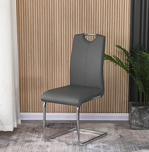 Image of Furnizone UK Isaac Dining Chairs Set of 2 Faux Leather with Stylish Chrome Cantilever Metal Frame (Grey)