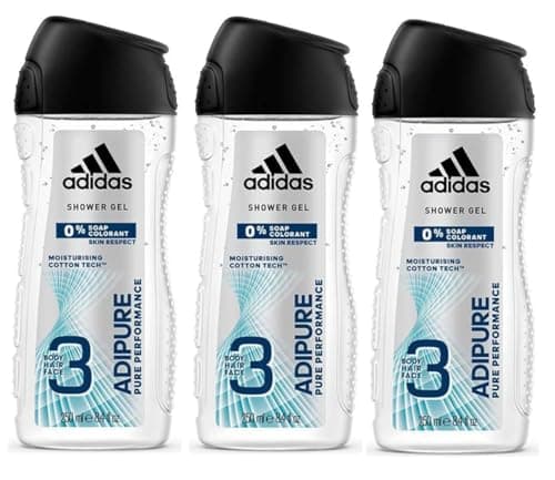 Image of Adidas ADIPURE Mens 3 in 1 Showergel for Hair Body and Face (pack of 3) 250ml each% Soap% Colourants