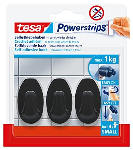 Image of tesa Powerstrips Self-Adhesive Hooks - 3 x Small Oval Shaped Hooks for Tiles, Glass, Plastic and Other Surfaces - Strong Hold, Up to 1kg - Black