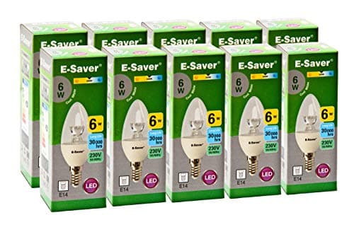 Image of E-Saver - LED C37 Clear Candle 6w- Led Light Bulbs - (Pack of 10) - 4200k Cool White LED Bulbs - E14 - Small Edition Screw (SES) - Replaces 60w Halogen Candles - New Chip Technology - Non Dimmable