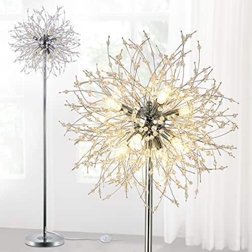 Image of Rayofly Modern Crystal Fireworks Floor Lamps, Chrome Standing Lamp with Foot Switch, 8 Lights, 170cm, Glass Metal Tall Pole Tree Lighting for Living Room, Bedroom, Corner, Sofa