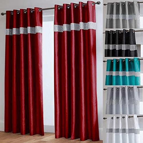 Image of John Aird Diamante Fully Lined Faux Silk Eyelet Curtains (Red, 90" Wide x 90" Drop)