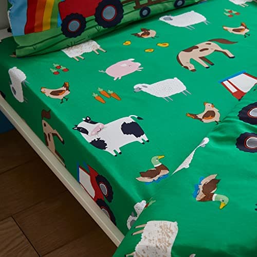 Image of Catherine Lansfield Kids Bedroom Farmyard Animals Junior Polycotton Fitted Sheet 15cm Depth Green