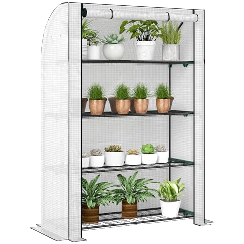 Image of Outsunny 4 Tier Mini Greenhouse with Reinforced PE Cover, Portable Indoor Outdoor Green House with Roll-up Door and Wire Shelves, 170 x 120 x 50 cm, White