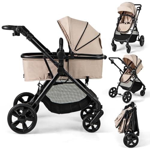 Image of COSTWAY 2 in 1 Baby Pushchair, Foldable Travel System Pram with Reversible Seat, Adjustable Canopy & Handle, Storage Basket, Cup Holder, Lightweight Infant Stroller for 0-36 Months (Beige)