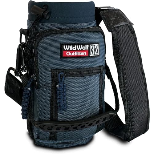 Image of Wild Wolf Outfitters Water Bottle Carrier Insulated Bag Holder with Adjustable Shoulder Strap and 2 Pockets for Hands-Free Walking and Hiking | Navy, 1 L