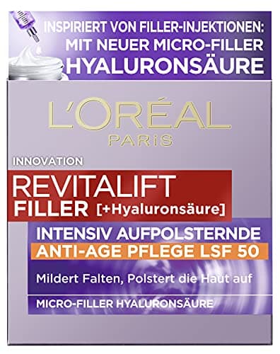 Image of L'Oréal Paris Revitalift Filler, Hyaluronic Day Cream with SPF 50, Anti-Ageing Face Care with Micro-Filler Hyaluronic Acid for Moisturising and Anti-Wrinkle Effect, 50 x 1 ml