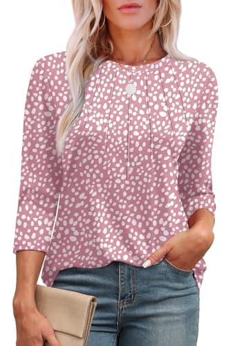 Image of Aokosor Womens 3/4 Sleeve Tops Ladies Blouses Crew Neck Pleated Shirts Fashion Dressy Tunic Blouses Size 26-28 Pink Dot