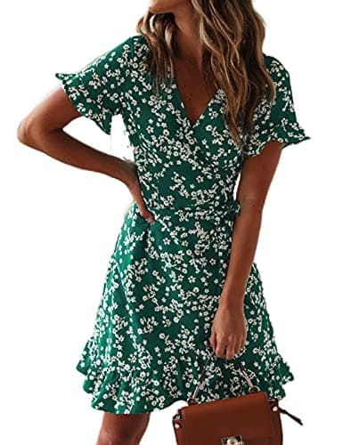 Image of TOPLAZA Beach Wrap Dress Women Chiffon V Neck Flower Print Short Sleeves, Green, M