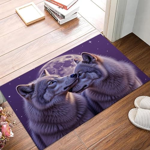 Image of JEDTAKCT Dreamy Wolf Couple Door Mat 45X75Cm, Machine Washable Mat Super Soft Non Slip Doormat Indoor Outdoor Full Moon Animal Landscape Absorbent Floor Mats Kitchen Carpet Entrance Rug, Purple