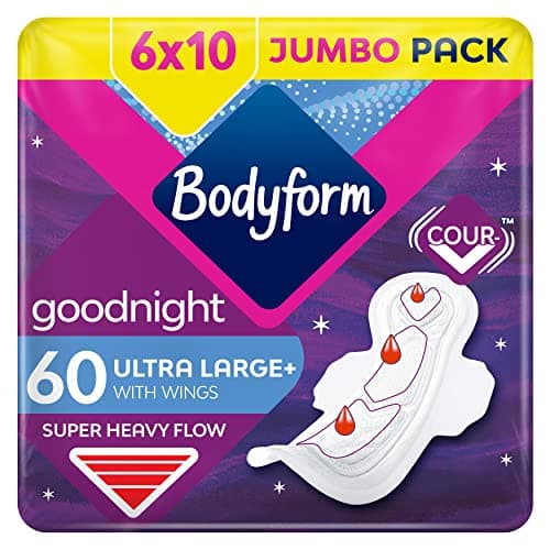 Image of Bodyform Ultra Goodnight Sanitary Towels with Wings, Period Pads for Night Use, 10 Count, Pack of 6