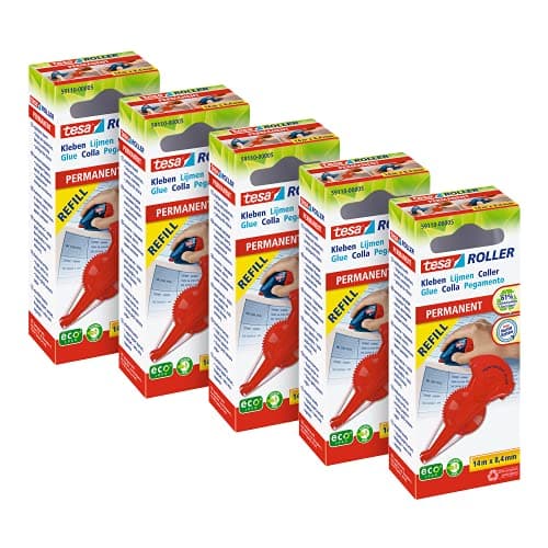Image of tesa Adhesive Roller Permanent Refill Cartridge - Extra Strong - Refill for the tesa Adhesive Roller - 5x 14 m x 8.4 mm each