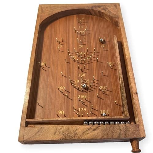 Image of Classic vintage style TABLETOP PINBALL BAGATELLE GAME 40cm x 25cm, Spring plunger with brass pins and steel balls, Shesham Rose wood board, vintage traditional pub game
