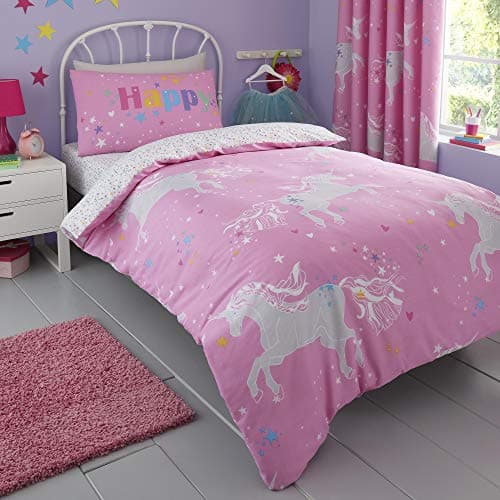Image of Bedlam Kids Unicorn Glow In The Dark Print Reversible Duvet Cover Set, 2 pieces, Multi, Single, Neon Pink