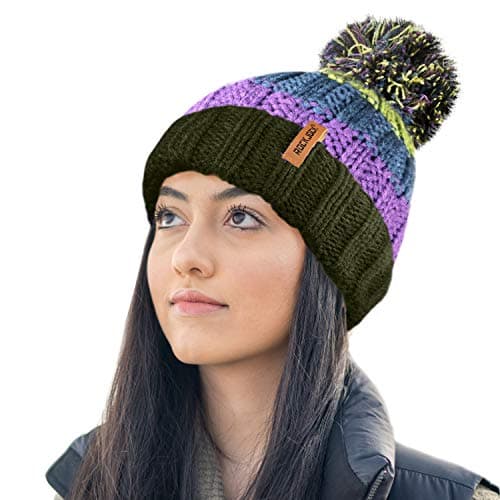 Image of RockJock R80 Unisex Mens Ladies Thermal Insulating Striped Beanie Bobble Hat with Cosy Fleece Lining-Purple/Green