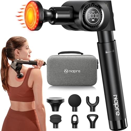 Image of Napre Massage Gun with Heat and Red Light Therapy,Deep Tissue Muscle Massage Gun with Long Extension Handle,Percussion Back Massager for Neck/Body Pain Relief,32-Speeds,Foldable,5 Adjustable Angles