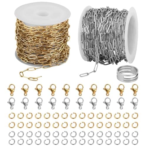 Image of 2 Rolls Paperclip Chains for Permanent Jewelry Making, 32.8ft Silver and Gold Stainless Steel Chain with Lobster Clasp, Open Jump Ring & Opener Tool Kit for Jewellery Charm DIY Bracelet Necklace Craft