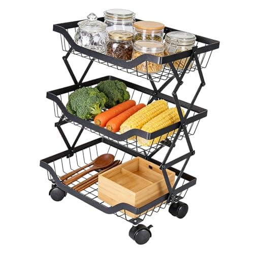 Image of 3-Tier Vegetable Rack with Wheels, Rolling Pantry Cart for Kitchen Storage & Organisation, Stackable Metal Wire Baskets with Lockable Casters for Fruits, Vegetables, Snacks, Onion Potato Storage