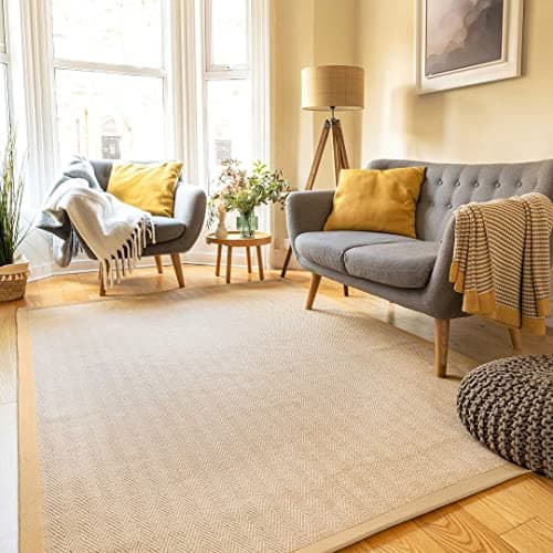 Image of Sustainable Beige Cotton Border Herringbone Soft Natural Jute Area Rug Durable Flatweave Mat Sisal Living Room Entrance Kitchen Hallway Carpet Rugs 120cm x 170cm