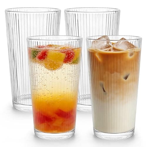 Image of Iceten Ribbed Clear Glass Cups,Iced Coffee Cup Set,4 Pack Drinking Tumblers, Highball Cups for Juice,Lemonade,Cocktail,Tea, Smoothie,