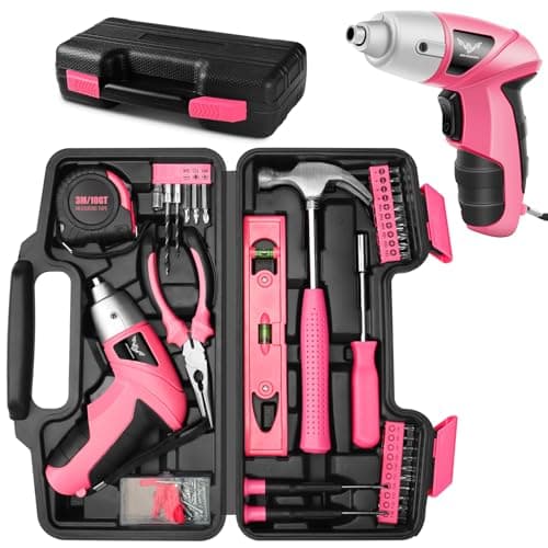 Image of JENABOM Pink Household Tool Set with 3.6V USB Electric Screwdriver, 112 PCS Home Tool Kit with Cordless Power Driver, Hand Tool Kits for Women