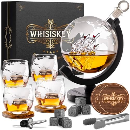 Image of WHISISKEY - Whiskey Decanter Set - 900ML Globe Carafe - Whiskey Gift Sets for Men - Whisky Set - Glass Gifts for Men - Inc. 4 Whiskey Glasses, 8 Whiskey Stones, Accessories