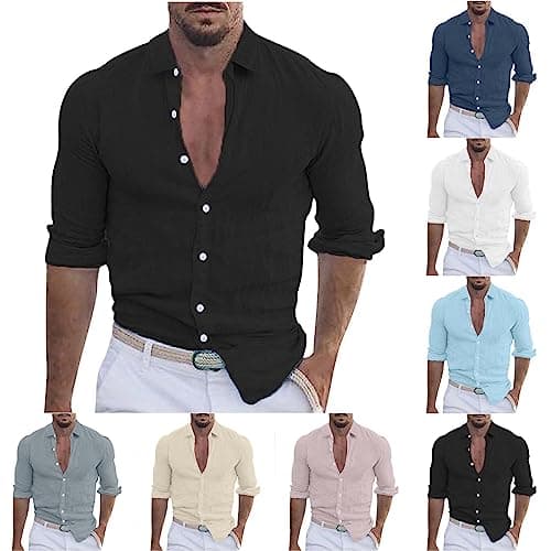 Image of Men's Cotton Linen Button-Down Shirt UK Sale Clearance Casual Stylish Long Sleeve Business Dress Shirts Man Turn-Down Collar Tees Shirt Plain Blouse Regular-Fit Tops Beach Linen Shirts Top