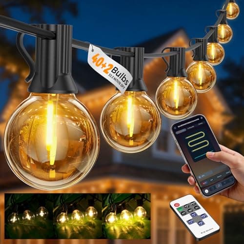 Image of Outdoor String Lights Mains Powered-33.3 M/109.3FT G40 LED Gazebo Light with Plug, APP & Remote Dual Control, Timer & Dimmable,(40+2 Spare Bulbs) & 6.4M Lead Cord, 24V Waterproof Garden Festoon Lights