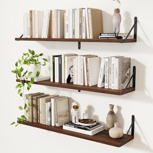 Image of Feihorrm Floating Shelves Set of 3, Walnut Wall Shelves, 90 x 20 cm Book Shelf, Shelves for Wall, Wooden Shelves Wall Mounted Shelf for Home Kitchen Bathroom Bedroom Living Room Office