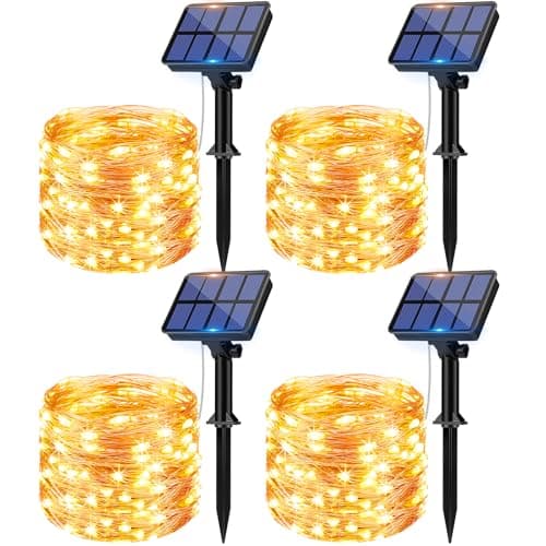 Image of [4 Pack]Solar Fairy Lights Outdoor, 12m 120LED Solar String Lights Waterproof 8 Modes Copper Wire Decorative Solar Powered Garden Light for Tree Patio Tent Fence Summer Party Wedding Xmas (Warm White)