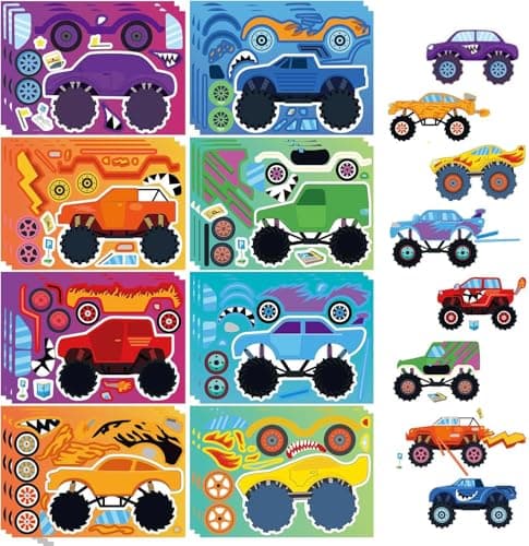 Image of 24 Sheets Cartoon Make a Face Stickers, Make Your Own DIY Stickers for Kids, Art Crafts Suitable for Birthday Party Supplies Gifts (Monster Truck)