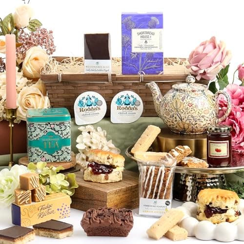 Image of Luxury Afternoon Tea Hamper - Birthday Hampers Gift for Women & Men - Gourmet Cream Tea Food Hamper with Scones, Clotted Cream, Jam, Cake, Tea, Biscuits, Fudge & Flapjack - Celebration Gift Basket
