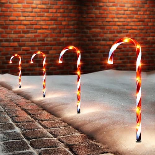 Image of Sentik 4 Pack Mains Powered Christmas Candy Cane Pathway Markers Garden Stake Lights Set of 4, 52cm Tall Festive Indoor Outdoor Decoration, Red & White
