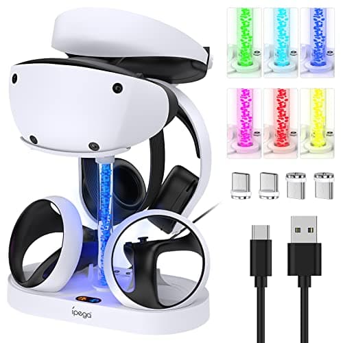 Image of PS VR2 Charging Station with RGB Light, Vertical Charging Stand for PSVR2 Headset, Display Accessories for PlayStation VR2 with 4 Magnetic Type C Adapters for Sense Controller