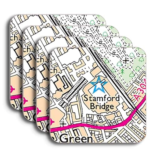 Image of Chelsea Stadium Map Coaster Set, Stamford Bridge Map Set of 4 Coasters, Coaster Gift Set for Chelsea Supporter