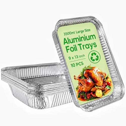Image of 10 Pack Large Aluminium Foil Trays (32x21x5 cm) - Heavy Duty Disposable Roasting Pans & Deep Baking Tins - Rectangular Foil Containers for Oven Cooking, BBQ, Freezer Meal Prep & Catering (3500ml)