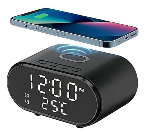 Image of XOMIUHL Alarm Clock Bedside Wireless Charger 2-in-1, 15W Fast Wireless Charging Alarm Clock, LED Display with Temperature & 5 Brightness Levels, Smart Digital Clock for Bedroom/Office/Dorm (Black)