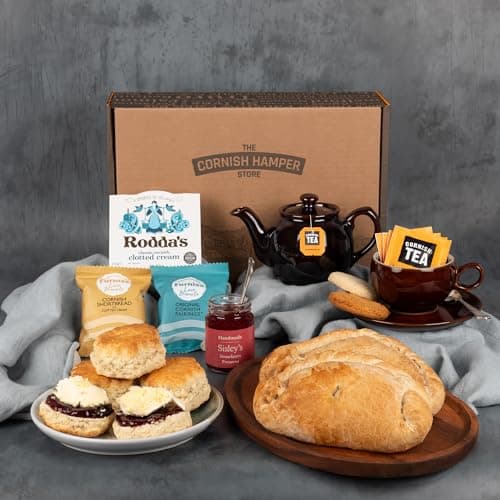 Image of Pasty & Cream Tea Hamper | 2 Cornish Pasties, 4 Scones, Tea, Jam, Clotted Cream, Biscuits | Birthday Gift for Men, Gift for Dad, Father's Day Afternoon Tea for 2 | Cornish Hamper Store