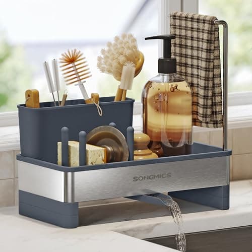 Image of SONGMICS Kitchen Sink Caddy Tidy, Sink Organiser with Sponge Holder, Washing up Caddy for Brushes, Cloths, Soap, Stainless Steel, Space-Saving, Rotatable Spout, Slate Grey and Silver KCS555GN01