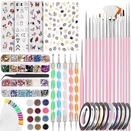 Image of Nail Art kit Accessories,121pcs, Nail Art Brushes, Tools, Nail Pen designing Dotting,Colourful Nail foil,Stripping Manicure Tape, Rhinestone,Nail Glitter Powder,Supplies In Nail Art Set,Practic Tips