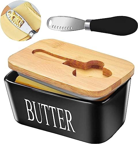 Image of Ceramic Butter Dish with Wooden Lid & Stainless Steel Knife, Airtight Butter Keeper for Counter or Fridge, Double Silicone