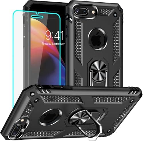 Image of Yiakeng for iPhone 8 Plus Case with Screen Protector, Military Grade Protective Phone Cover with Ring Holder Kickstand for iPhone 7 Plus / 8 Plus (Black)
