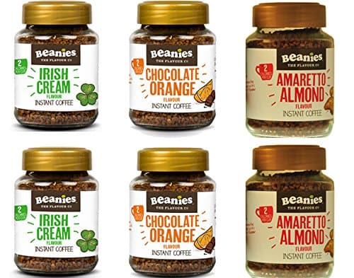 Image of NEW! Beanies Set of 6 x 50g Instant Flavoured Mini Coffee Jars - 2 x Amaretto, 2 x Chocoorange, 2 x Irish Cream - Ideal hamper gift items for Christmas! Get your six pack from Caramba!