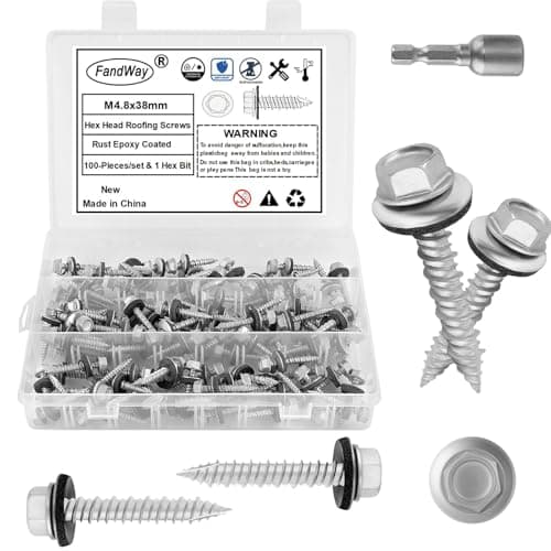 Image of FandWay M4.8x38mm Self-Drilling Roofing Screws,100pcs Hex Head Sheet Metal Tek Screws,Rust Epoxy Coated Self Tapping Wood Siding Screw With EPDM Washer and Hex Drive for Corrugated Roofing.