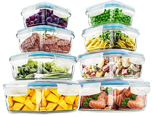 Image of KICHLY Glass meal prep containers - Set of 16pcs (8 Containers and 8 Lids) - Airtight Storage glass food containers with lids for Freezer - Snap locking, Dishwasher safe, Oven Friendly, & BPA Free