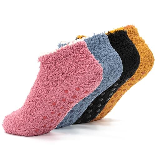 Image of Kunoli 4 Pack Fluffy Slipper Socks for Women Men, Warm Non Slip Grip Bed Socks for Winter, Thermal Slipper Socks with Grippers for Causal Home Sleeping, Fit UK 5-7