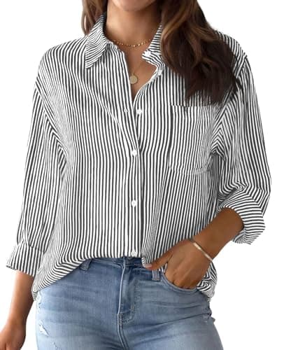 Image of MINTLIMIT Women's Striped Button Down Shirts Long Sleeve Casual Blouse Tops with Pockets for Women 2024 Black