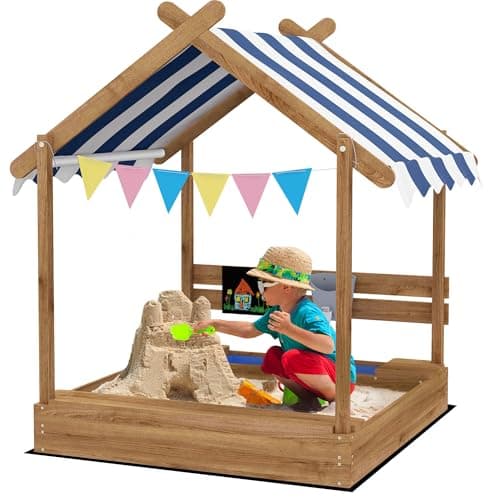 Image of Outsunny Sand Pit Wooden Sandpit Kids Sandbox House for Outdoors, Gardens with Canopy, Liner, Blackboard, Sink, Seats, Flags, for Ages 3-7 Years - Brown